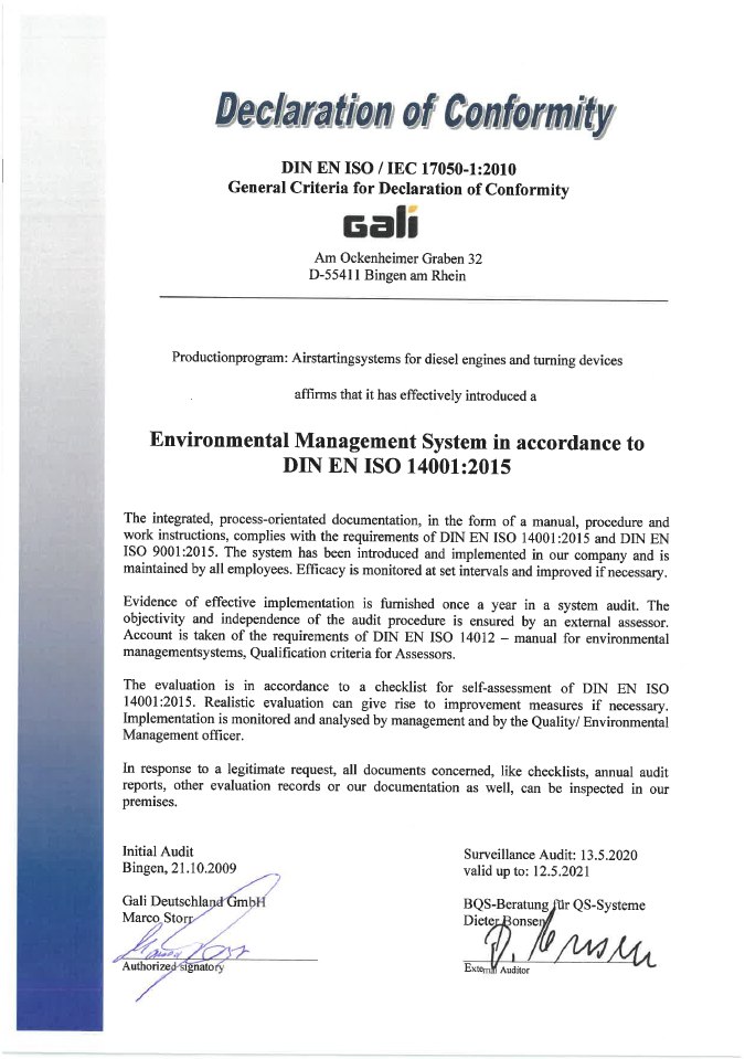 Declaration of conformity ISO 14001 of 2020