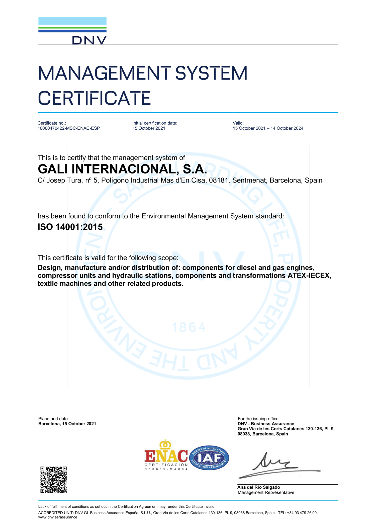 Certificate ISO-14001-2015 gali internacional EN