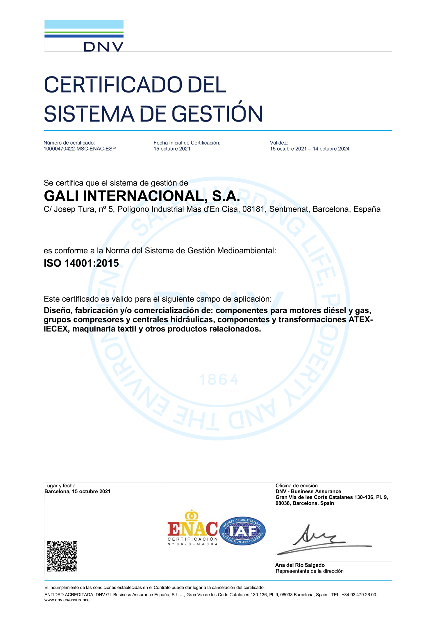 Certificate ISO-14001-2015 gali internacional ES